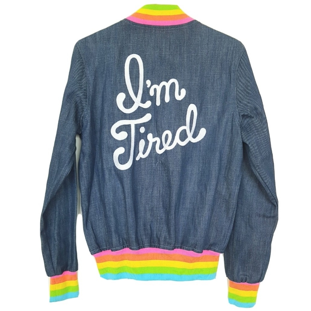 Big Bud Press Blue Bomber Jacket with Rainbow Accents
